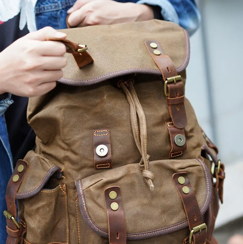 Vintage Waxed Canvas Backpack Waterproof for Men-Army Green