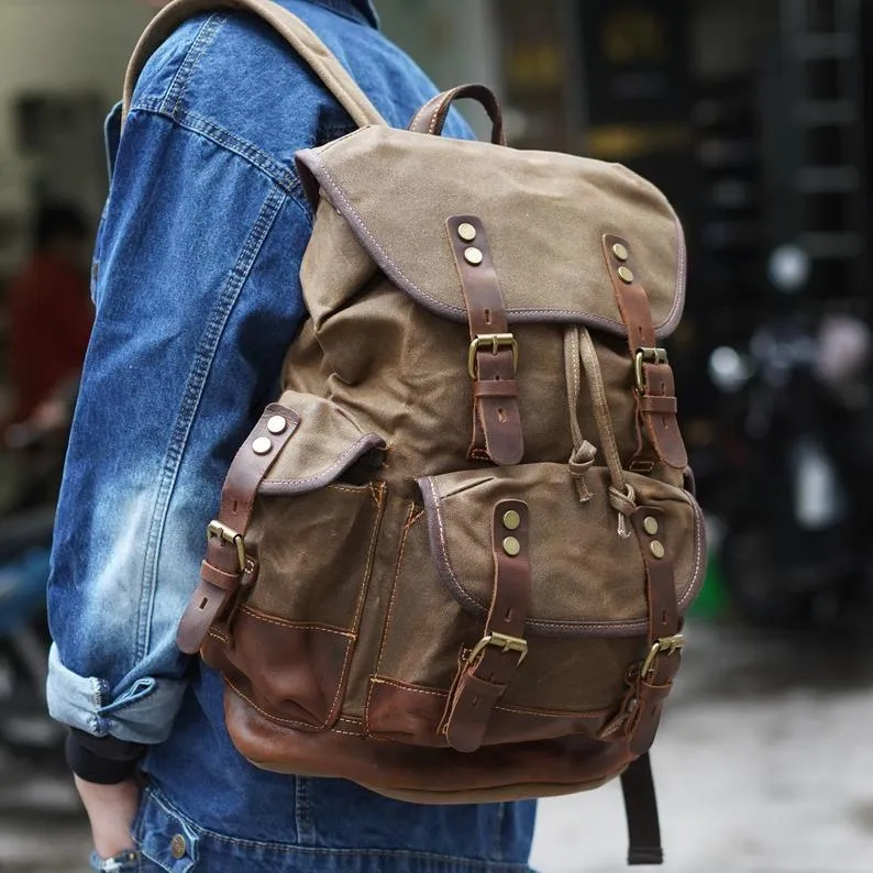 Vintage Waxed Canvas Backpack Waterproof for Men-Army Green