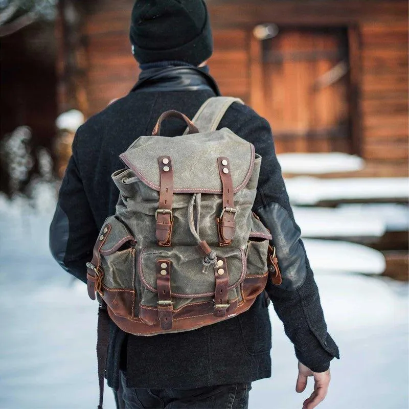 Vintage Waxed Canvas Backpack Waterproof for Men-Army Green