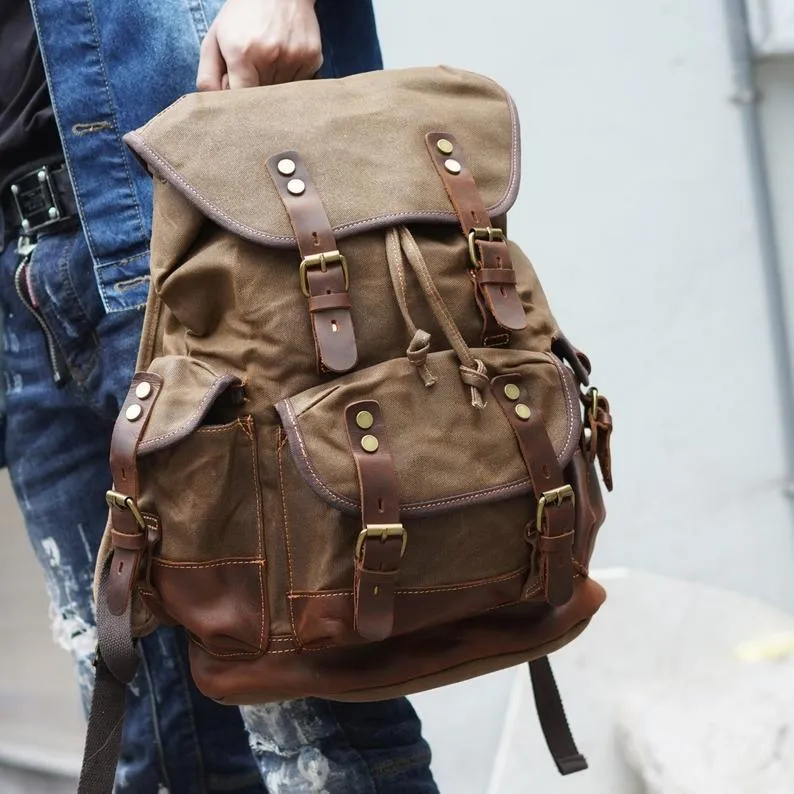 Vintage Waxed Canvas Backpack Waterproof for Men-Army Green