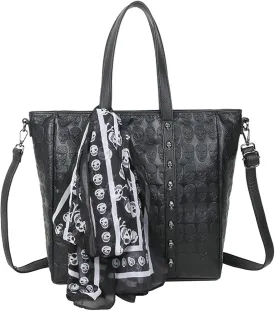 Women Handbag and Purses PU Satchel Skull Rivet Shoulder Tote Top-Handle Bag Black