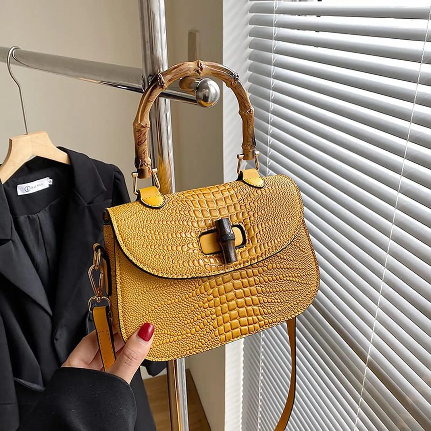 Women Handbag artificial leather Bamboo Top handle Crossbody bag Elegant Purse Evening bag Gift for Women Handmade