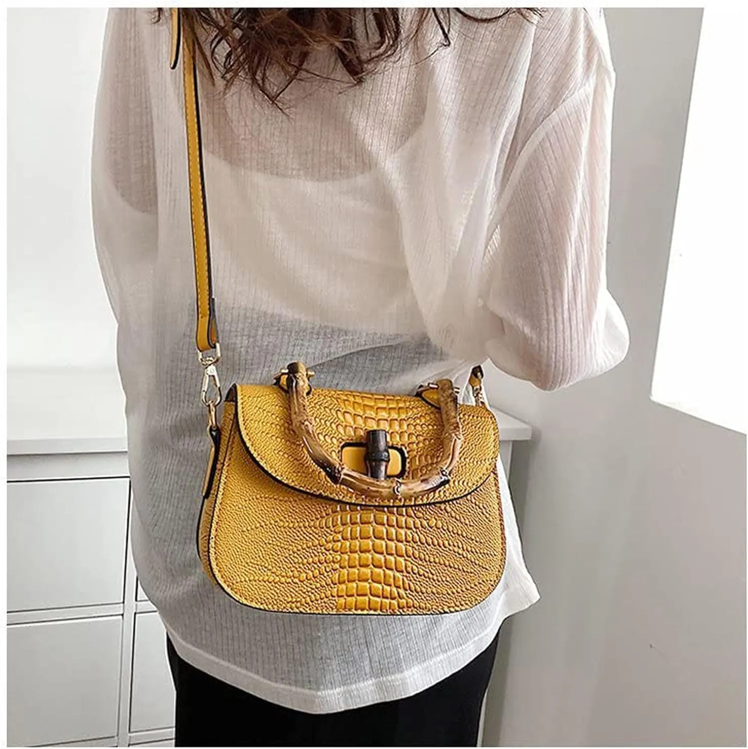 Women Handbag artificial leather Bamboo Top handle Crossbody bag Elegant Purse Evening bag Gift for Women Handmade