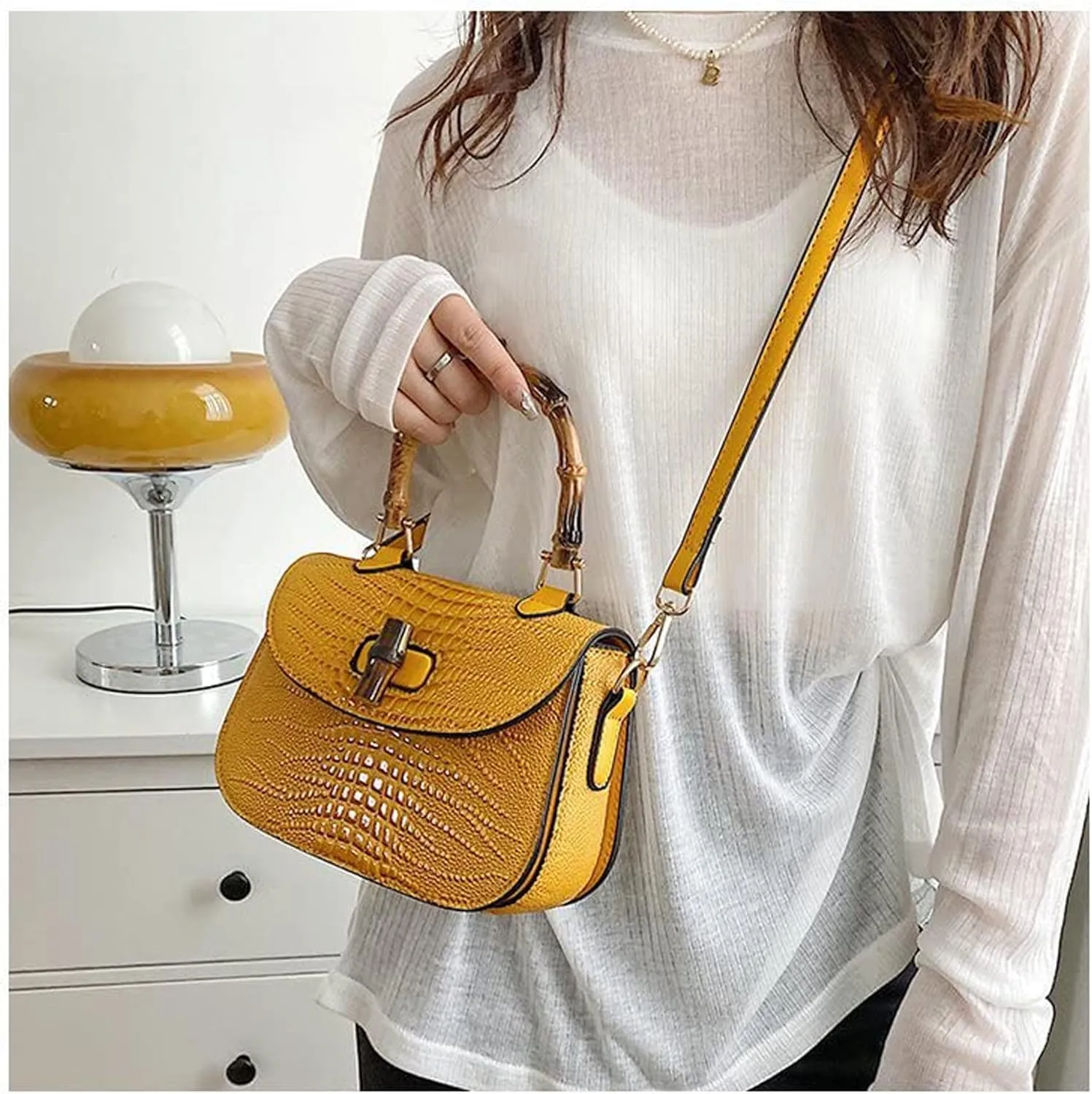 Women Handbag artificial leather Bamboo Top handle Crossbody bag Elegant Purse Evening bag Gift for Women Handmade