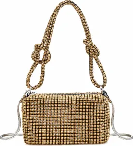 Women Rhinestone Box Bag Knot Handle Evening Clutch Handbag Diamond Purse with Detachable Strap for Wedding Party