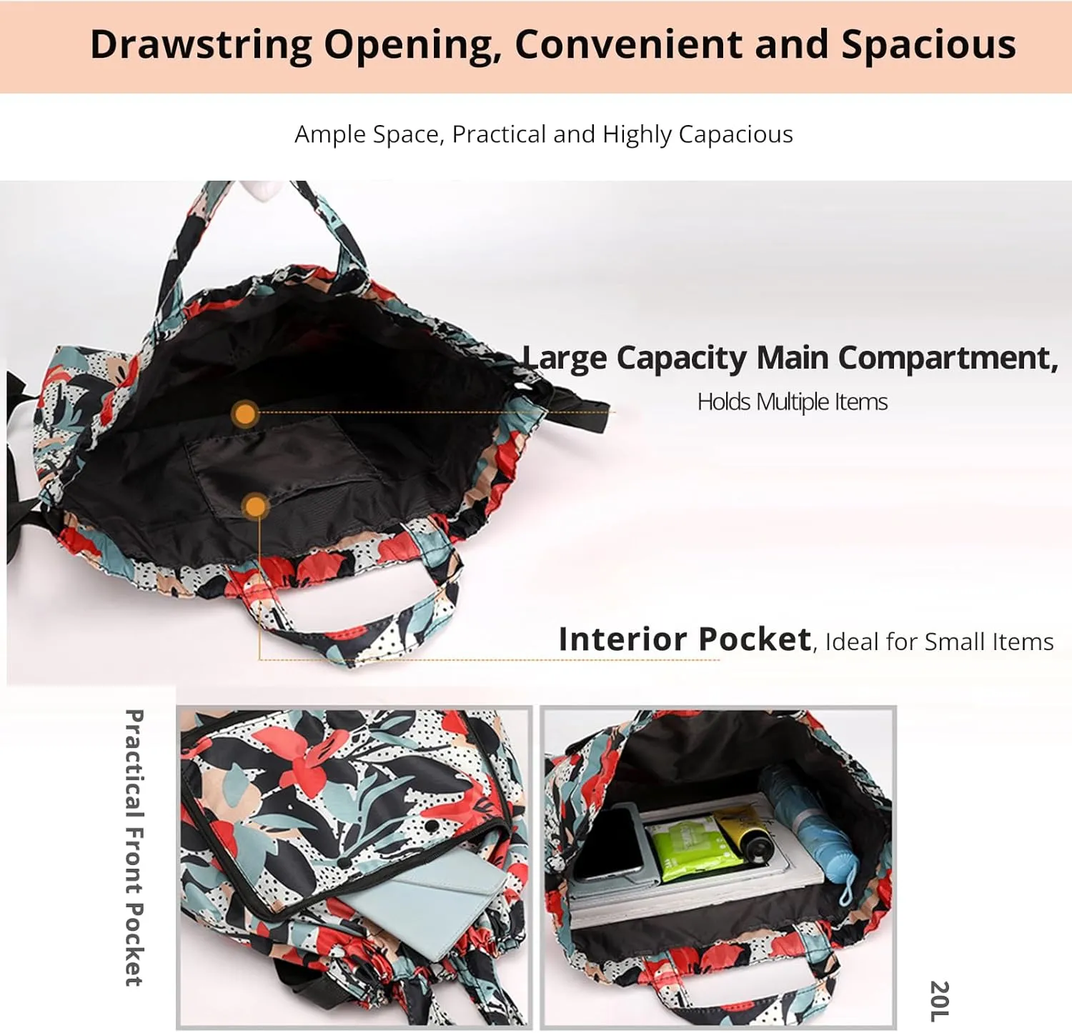 Women's 20L Waterproof Hiking Backpack - Lightweight, Foldable, with Drawstring Closure, Perfect for Outdoor Adventures, Travel, Beach, and Daily Use in Stylish Prints(BLACK)