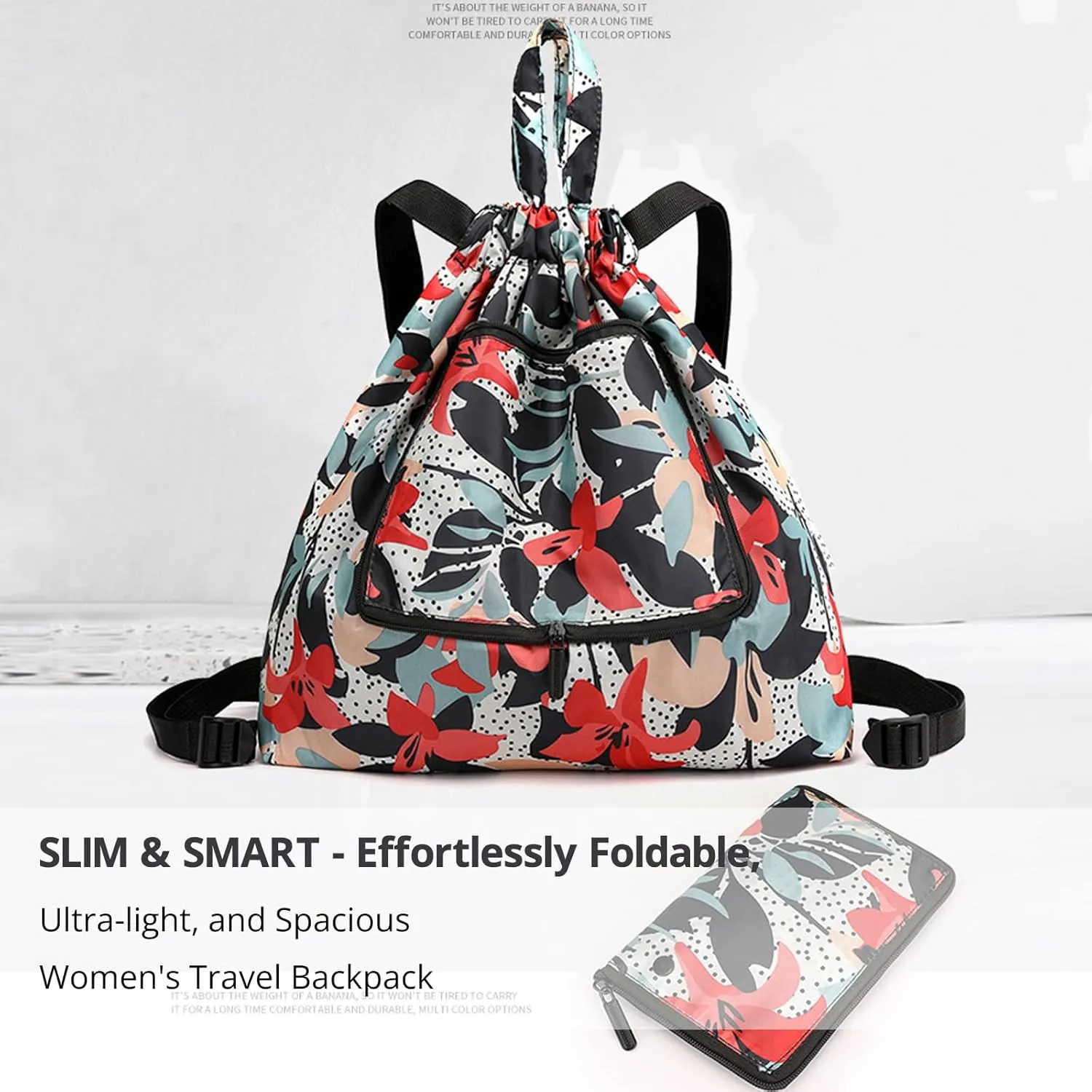Women's 20L Waterproof Hiking Backpack - Lightweight, Foldable, with Drawstring Closure, Perfect for Outdoor Adventures, Travel, Beach, and Daily Use in Stylish Prints(BLACK)