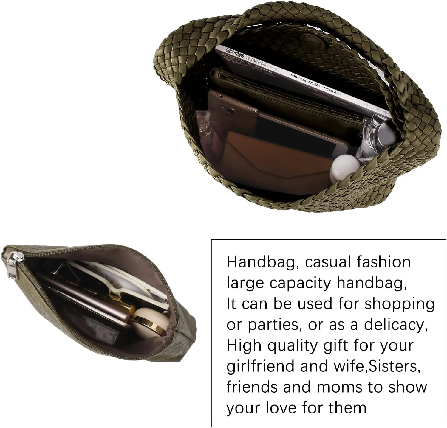 Woven Tote Bag For Women,Vegan Leather Hand Woven Handbags And Purse,Shoulder Bag Top-Handle Bag All-Match Underarm Bag