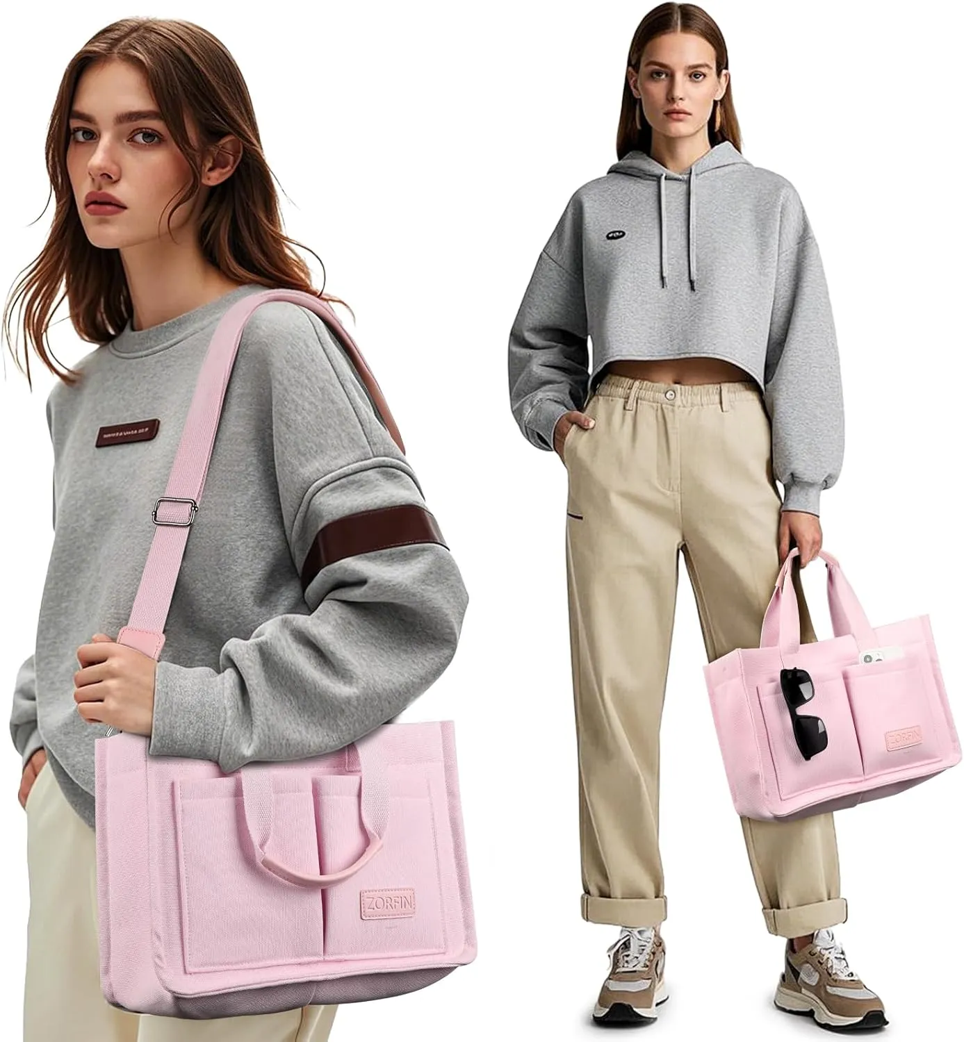 ZORFIN Canvas Tote Bag for Women with Zipper and Compartments Crossbody Work Laptop Bag for Travel College Office
