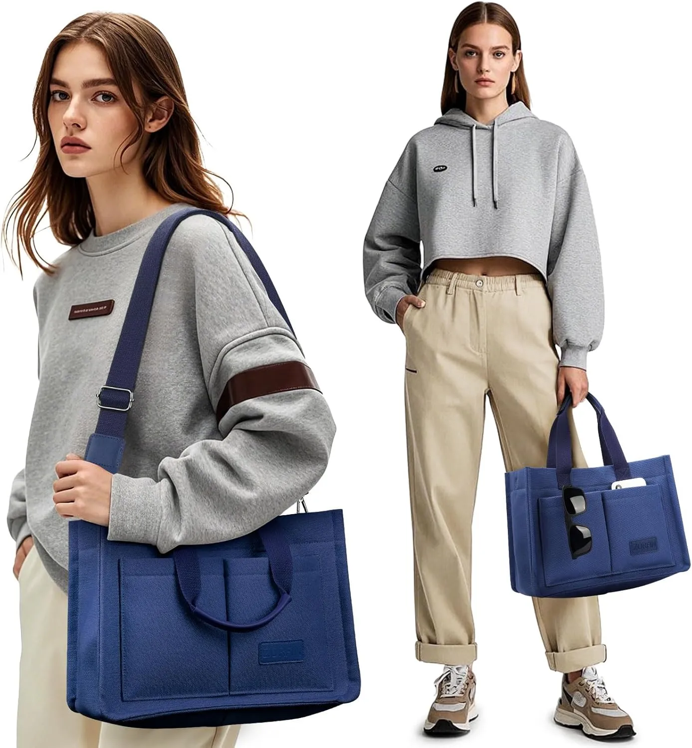 ZORFIN Canvas Tote Bag for Women with Zipper and Compartments Crossbody Work Laptop Bag for Travel College Office