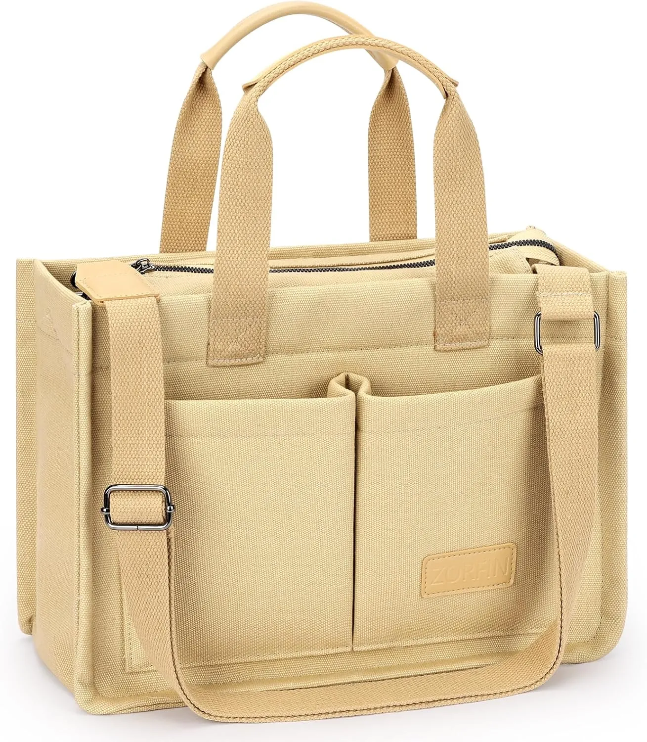 ZORFIN Canvas Tote Bag for Women with Zipper and Compartments Crossbody Work Laptop Bag for Travel College Office