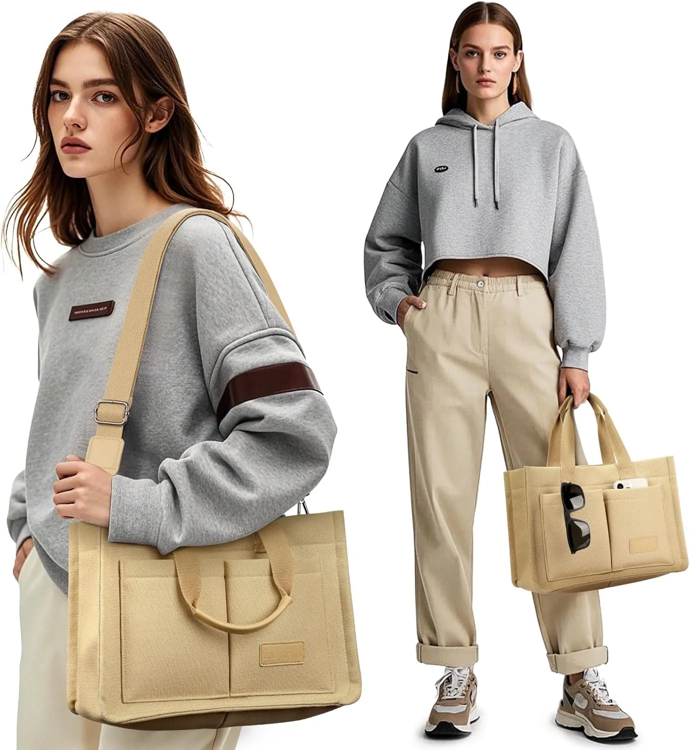 ZORFIN Canvas Tote Bag for Women with Zipper and Compartments Crossbody Work Laptop Bag for Travel College Office