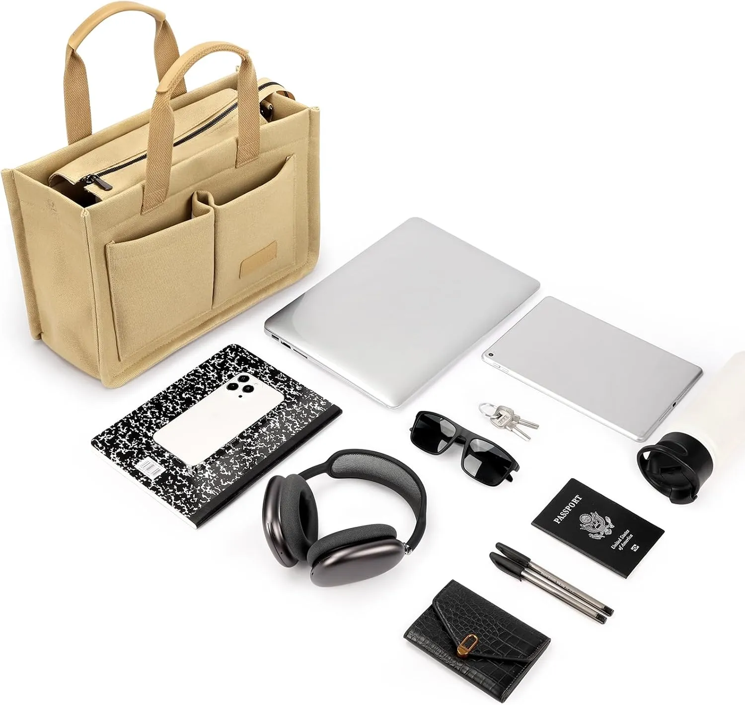 ZORFIN Canvas Tote Bag for Women with Zipper and Compartments Crossbody Work Laptop Bag for Travel College Office